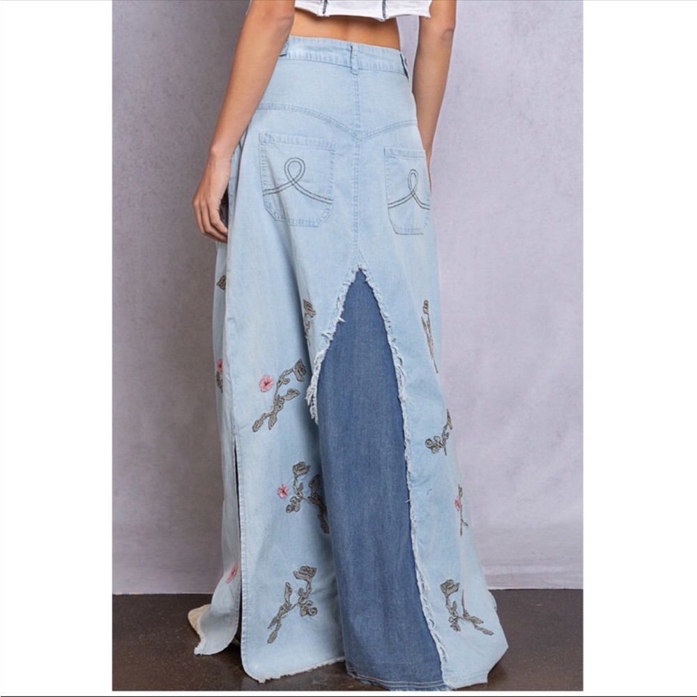FLOWER CHILD Bohemian Long Denim Maxi Skirt - Picture 7 of 15